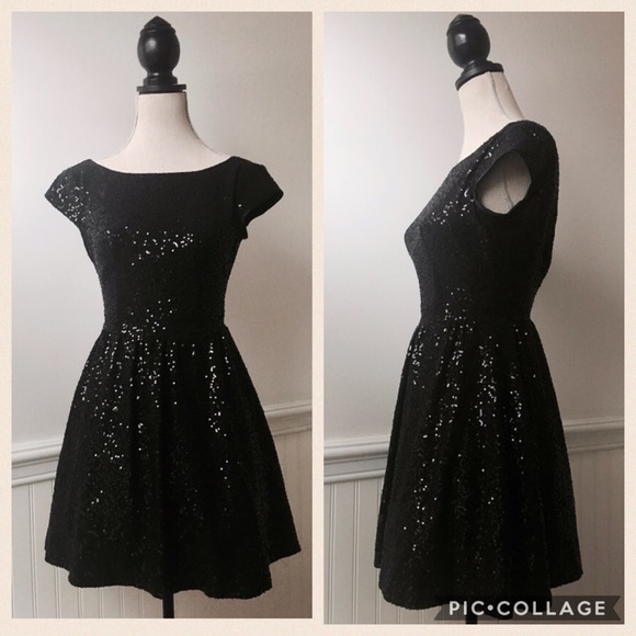 B. Darlin Black Sequin Cap Sleeve Fit and Flare - Picture 2 of 8